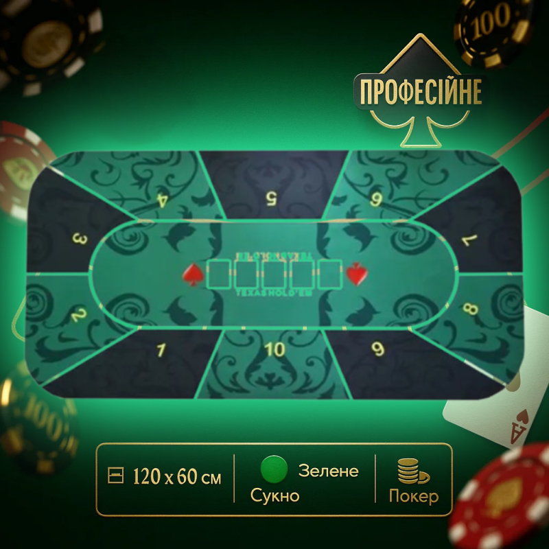 Прорезинене сукно для покеру 120x60см (зелене з розміткою) / Poker Table Felt 120x60cm / UKR